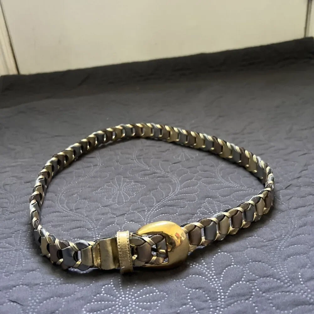 Vintage 70's Belt Adjustable Leather Metallic Glam Wrap Chain Gold Bronze Cream